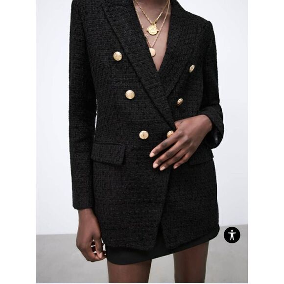 Zara Black Gold Tone Buttoned Textured Weave Double Breasted Blazer sz M Medium - Picture 1 of 10